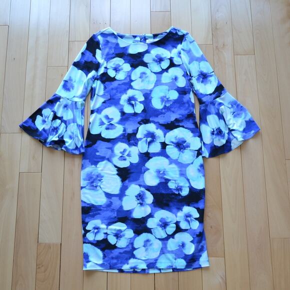 Calvin Klein Blue Floral Sleeve Knee-Length Dress Size M - Picture 1 of 4